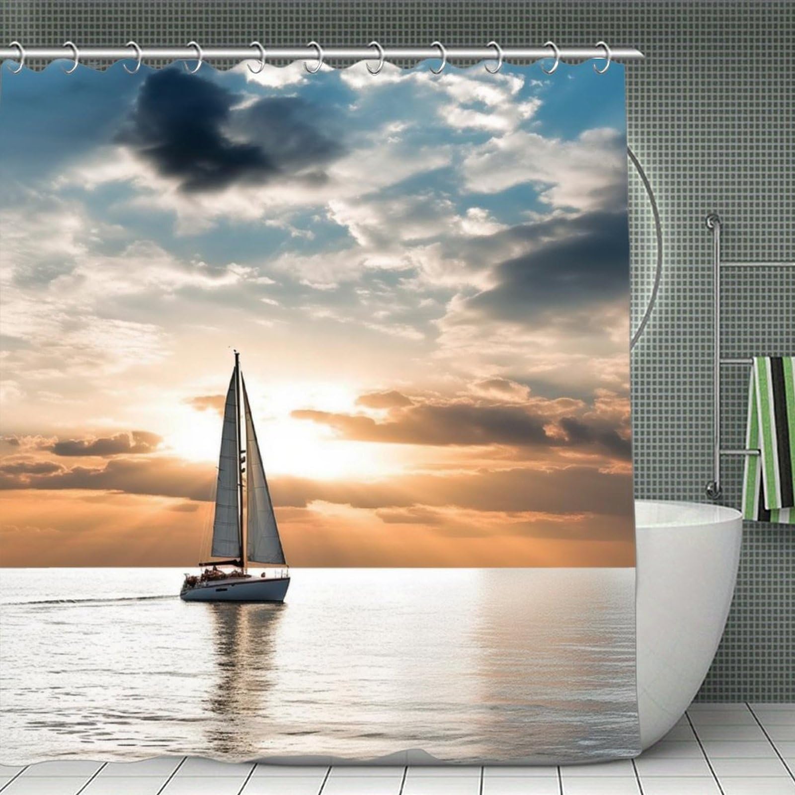 QMNLKH Sailing Boat on The Sea Shower Curtain with Hooks, Waterproof Bath Curtains for Bathroom, Lightweight Bath Curtains Liner for Hotel, Personalized Bath Curtain for Spa, 70.8 Inch