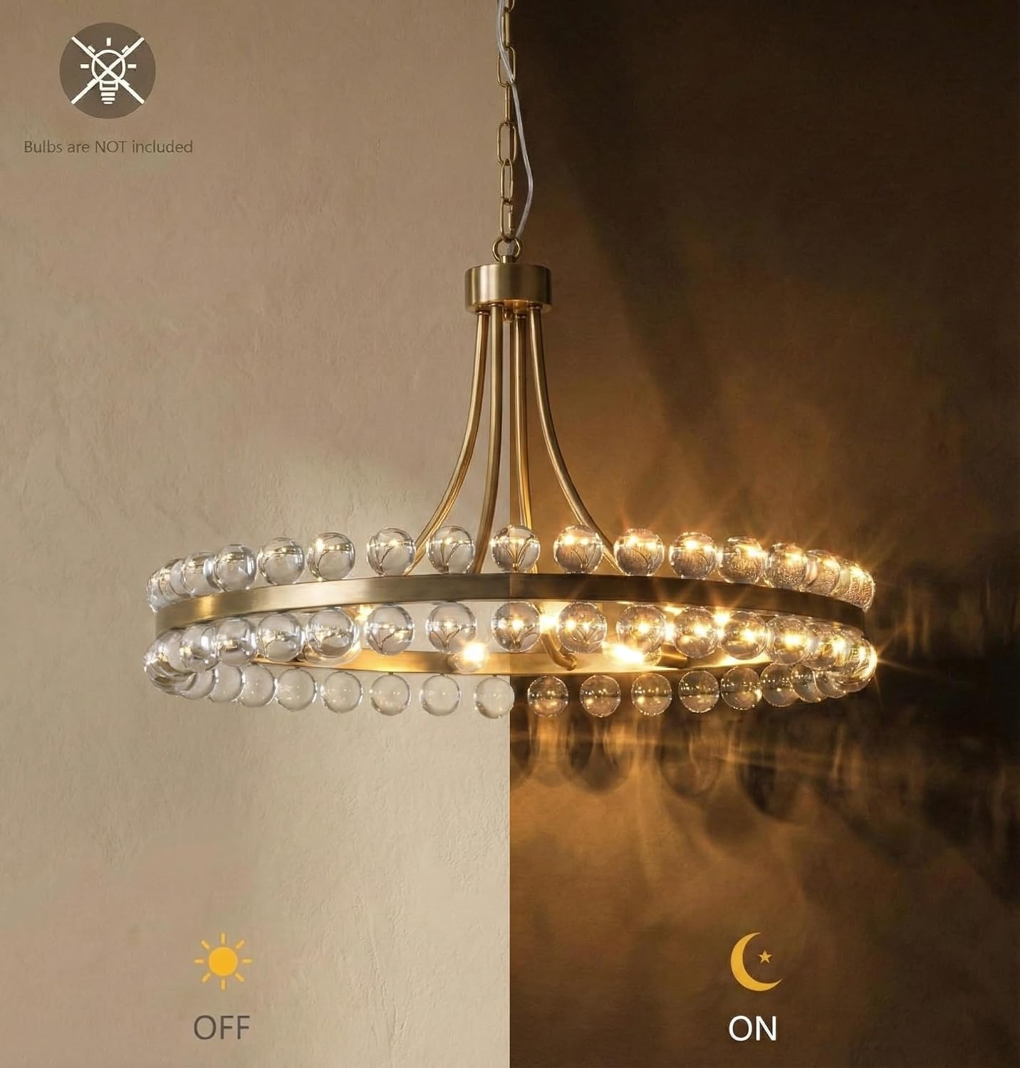 Maxax Modern Gold Chandelier, 24 Inch Round Pendant Light Fixture with Clear Glass Bubble Globes, Brushed Brass Hanging Ceiling Lamp for Dining Room, Foyer, Kitchen Island & Living Room, Adjustable