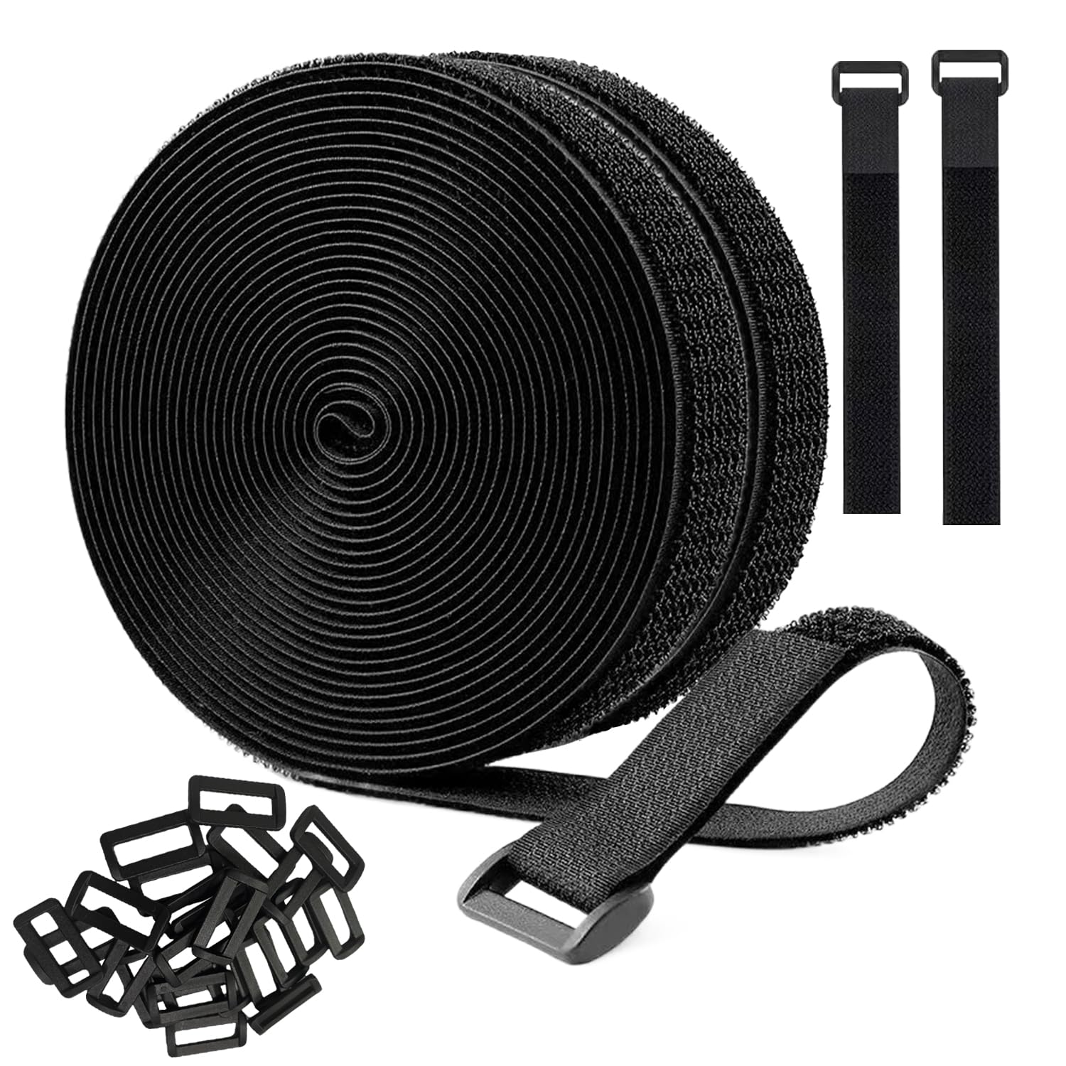 Reusable Cable Straps Roll with 48 Buckles 1" x 32Ft, Adjustable Cut-to-Length Nylon Cable Ties and Fastening Straps for Organizing and Storage Black