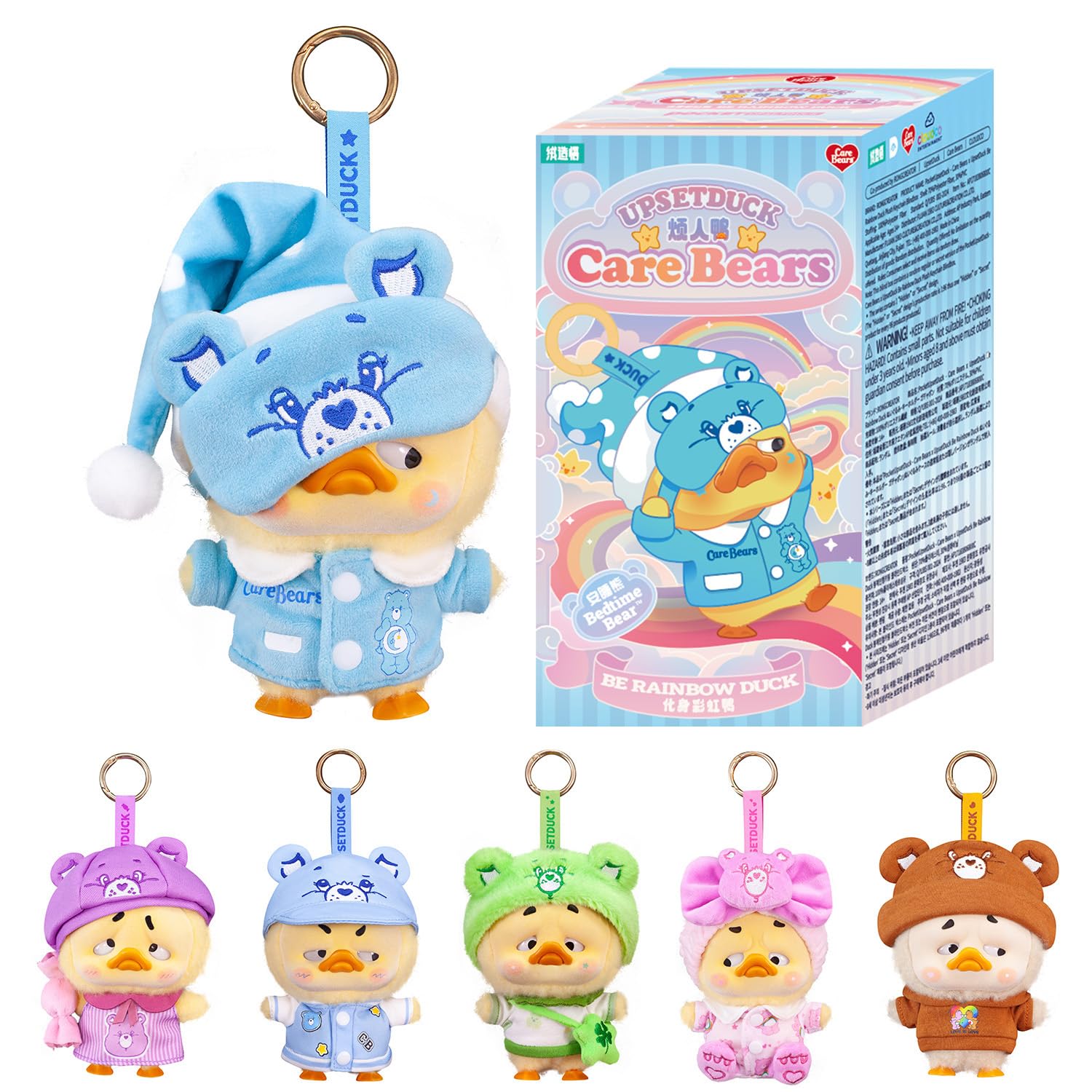 Upsetduck Care Bears Be Rainbow z wisiorkiem - 6 do kolekcjonowania (+1 tajemnicy) - Różne style - figurka z pluszową wściekłą kaczką. Oryginalny pomysł na prezent, oficjalny produkt, 14 lat.