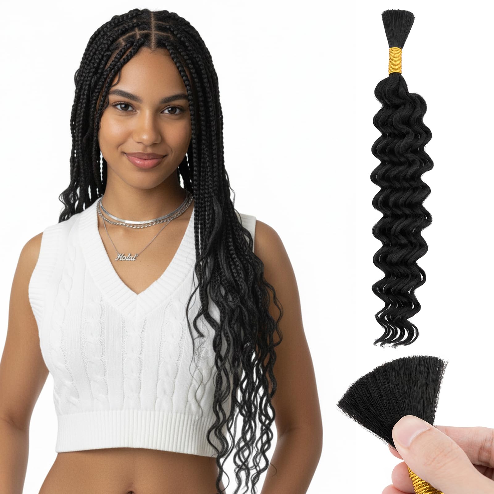 Silk-co Boho Braids Extension Capelli Veri No Weft Bulk Tessitura Matassa Ricci Deep Wave 45cm 50g/pack #1B Nero Naturale