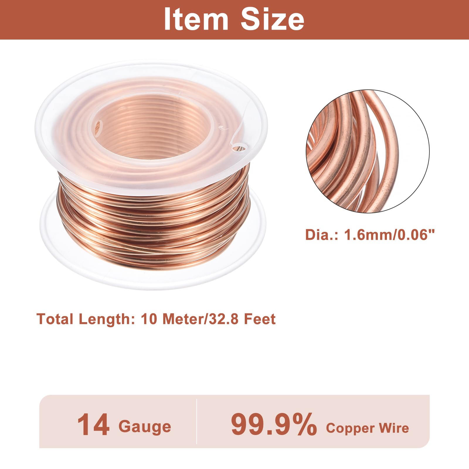 sourcing map Fil de cuivre souple (calibre 14, 10 m), 99,9 % pur fil de cuivre nu solide de 1,6 mm pour loisirs créatifs, jardinage, décoration (10 m)