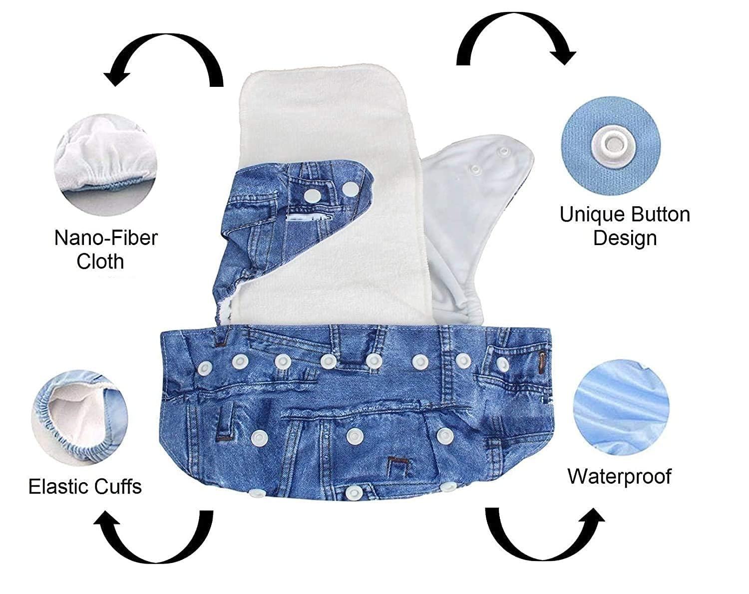 Lukzer Pack of 2 Cloth Diapers for Babies | Washable with 2 Dry-Feel Absorbent Soaker Pads | Adjustable Size All-in-One Extra Soft & Safe Reusable Nappy (Denim Design) 3 Months to 3 Years (5–15 kg) CH-502-02 - Image 7 thumbnail