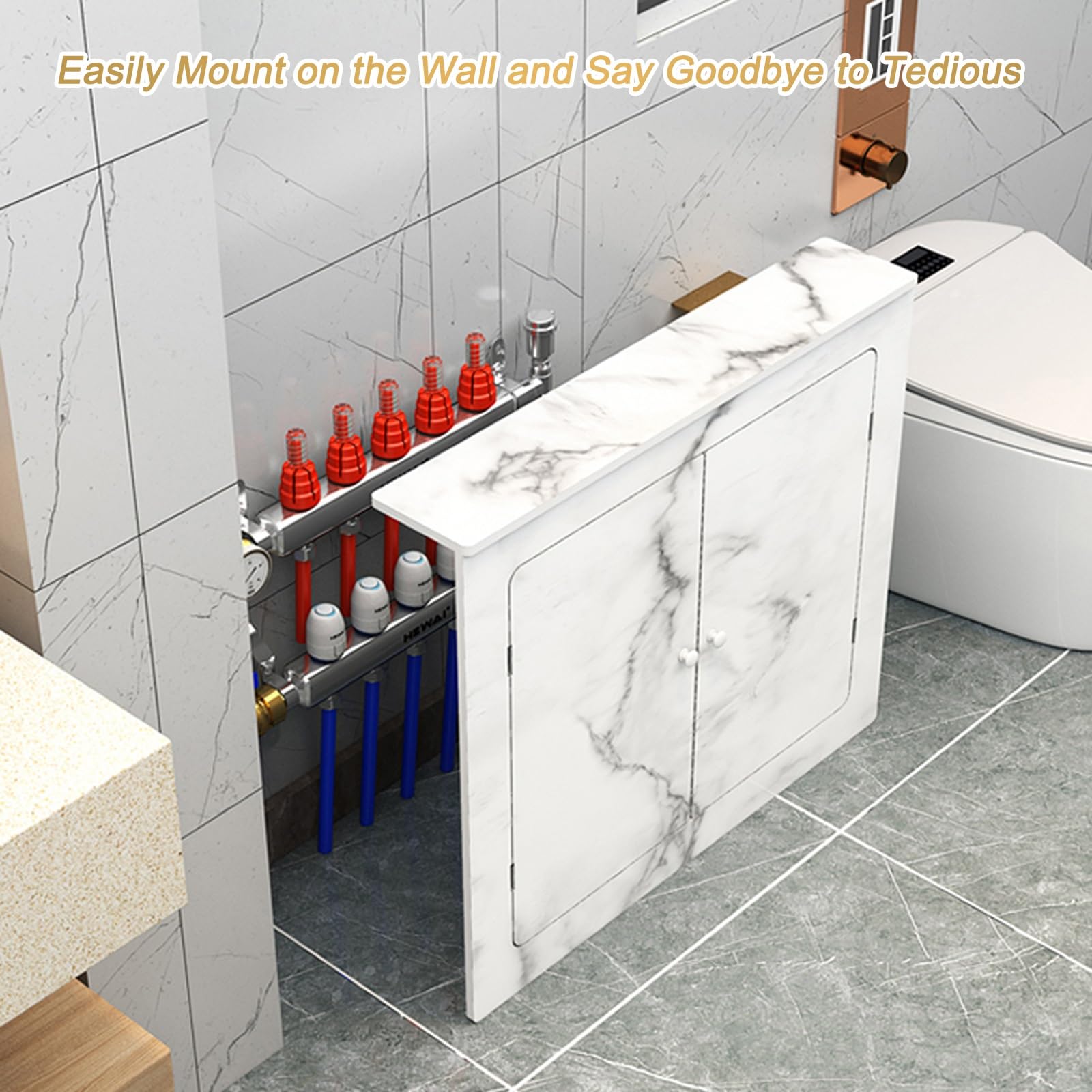 Cubierta de radiador con acabado de mármol con 2 puertas, armario decorativo de pared para entrada, baño, colector de ducha y solución de almacenamiento de fontanería