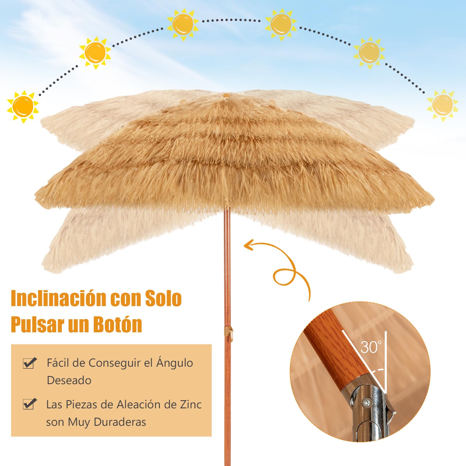 RELAX4LIFE Sombrilla Terraza Exterior de Paja PP con con Inclinación Ajustable 0-30°, 8 Varillas de Metal y Barra Desmontable, Sombrilla Playa con Protección UV para Jardín, Patio y Piscina