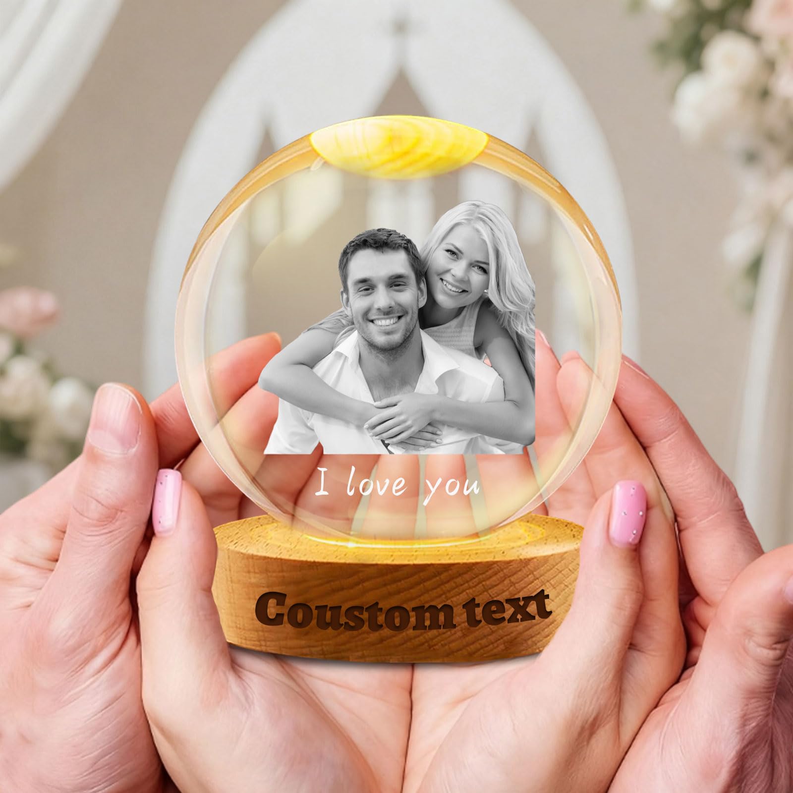Fkf Couple Photo Crystal Ball Personalized 3D Photo Snow Globe, Customized Glowing Crystal Ball With Engraved Text Led Light Base, Christmas Photo Snow Ball Gifts For Parents Family Friend (Couple Photo Crystal Ball)