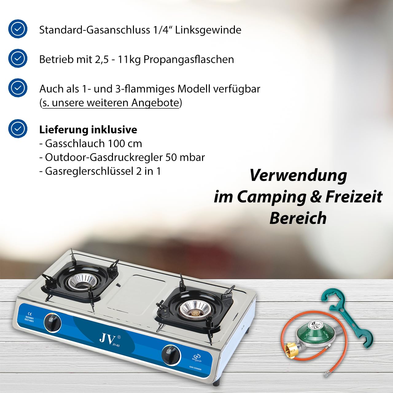 Bluecraft Gaskocher Camping 2-flammig, 9 kW, Edelstahl, mit Zündsicherung | Campingkocher für Propan Gasflasche, hochwertige Wokbrenner, Turboeffekt, Gasschlauch & 50 mbar Outdoor Gasdruckregler
