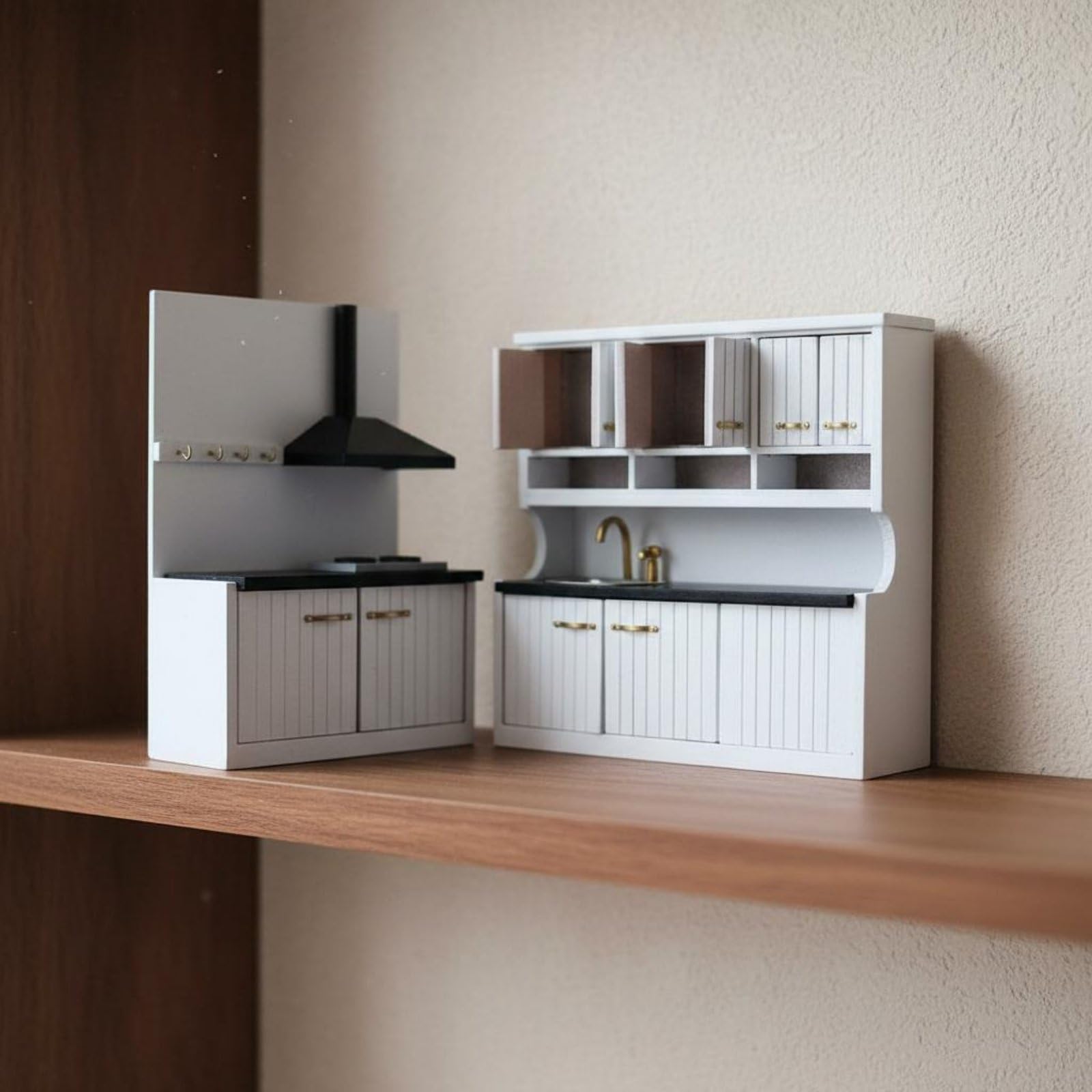 Mini Cucina Armadio Mobile Pensile Piano Cottura Cappa Arredamento Mini per Casetta 1 12 in Legno con Sportelli Apribili E Maniglie Adatta per