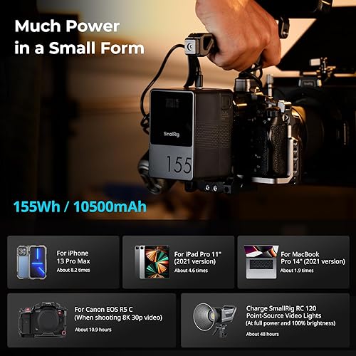 Miniatura 7 de SMALLRIG Batería de montaje en V VB155, batería de montaje en V de 155 Wh/10500 mAh con salida de 100 W, carga completa 3H, con USB-C, D-TAP, USB-A,
