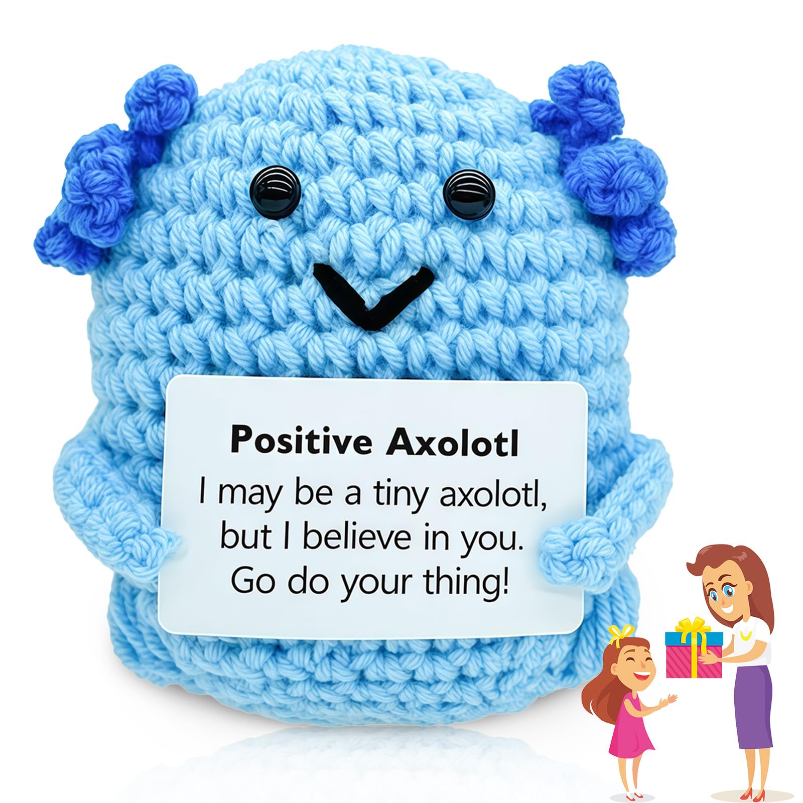 Positive Axolotl Crochet Emotional Support Crochet, Mini Knitted Axolotl Doll with Card Handmade Motivational Good Luck Funny Gifts Friends Party Cheer Up Support Toy Presents for Kids Boys Girls