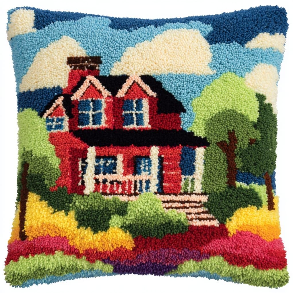 WallustrioaW Latch Hook Pillowcase Cushion Kits,Cartoon House in the Forest