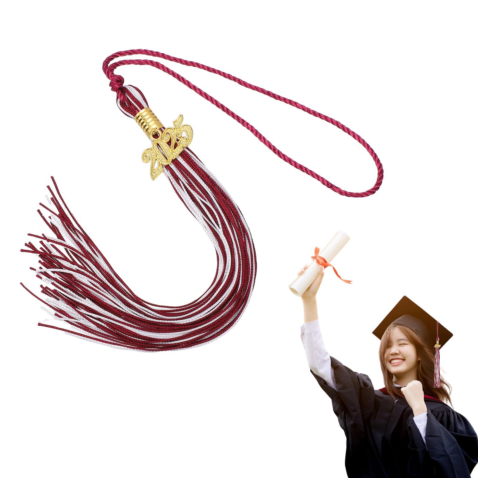 MECCANIXITY Graduation Tassel 2025, Green White Tassels with 2025 Year Gold Date Charms Academic Graduation Charm Cap Decorations Party Decorations