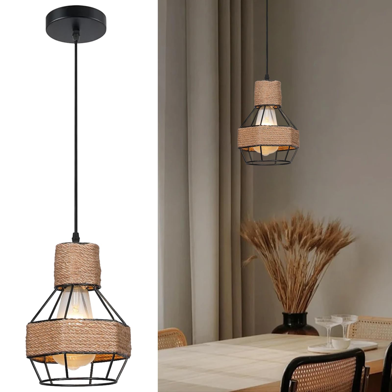 Rattan Pendant Light Boho Hanging Light Fixture Mini Chandelier with Handwork Cage Farmhouse Natural Small Pendant Lighting for