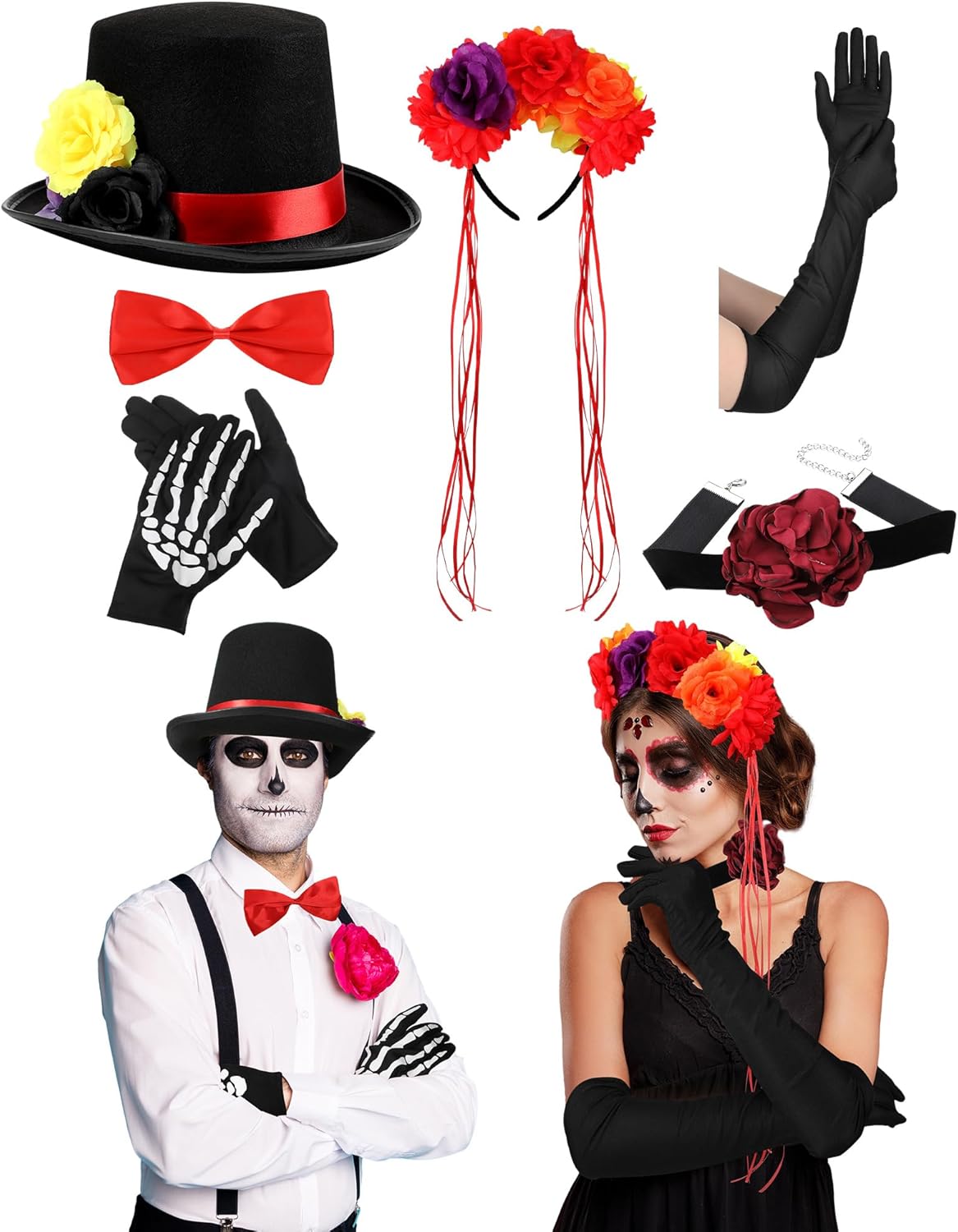 6 Pcs Day of the Dead Couple Costume Accessories Set Women Flower Crown Headband Red Choker Necklaces Long Arm Gloves Skeleton Gloves Men Hat with Bow Tie Dia De Los Muertos Outfit