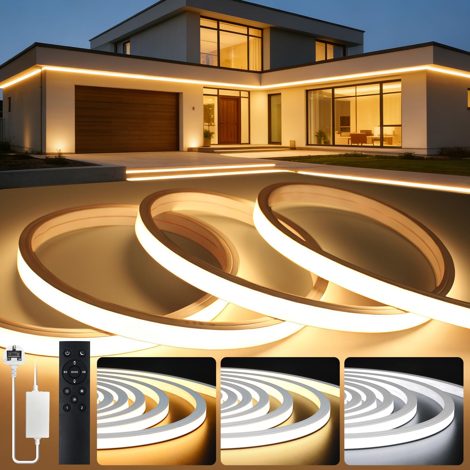 KSIBNW LED Strip Light Dimmable Waterproof 15M, Tunable White 3000K-6500K Silicone 220V LED Channel with Remote and Plug Warm White to Cool Daylight Outside Neon Rope Strip for Bedroom,Kitchen,Garden
