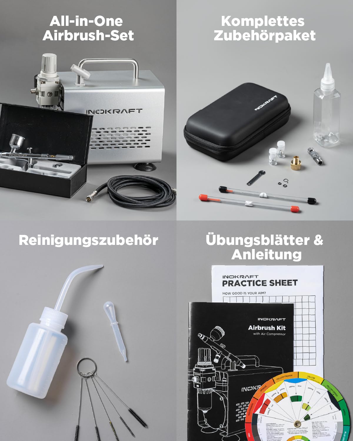 InoKraft Airbrush-Set mit Kompressor 1/6 HP leiser Luftkompressor, 3 Düsen 0,2 0,3 0,5 mm, Airbrushpistole, Schlauch, Halter, Anleitung, 4 Farben