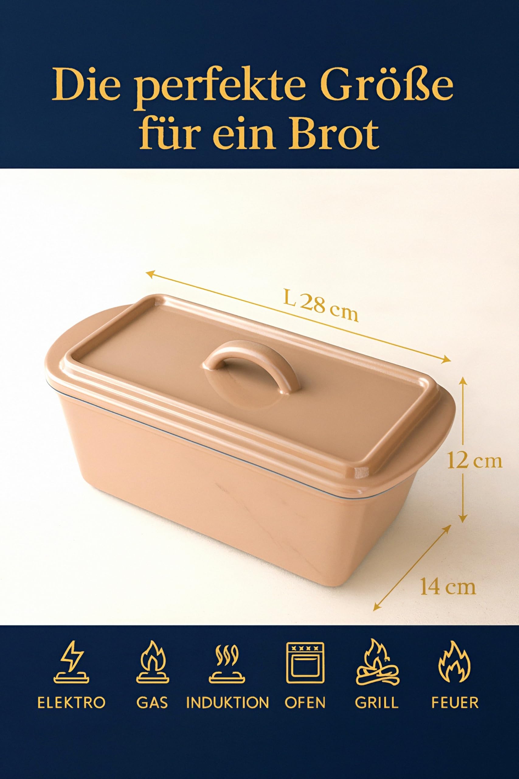Brotbackform mit Deckel Gusseisen 28 cm – 3 L Kastenform für Sauerteig & Kastenbrot – Gleichmäßige Hitzeverteilung für knusprige Kruste – inkl. Silikongriffe & Backanleitung – Ofenfest - Emailliert