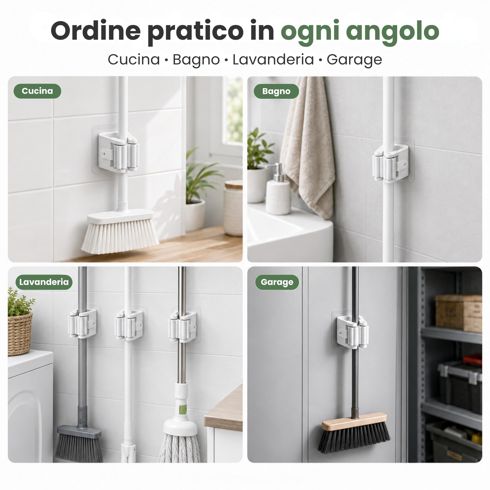 Porta Scope Parete Adesivo Set da 6, Portascope da Muro Appendibile Senza Forare, Appendi Scope Bianco per Scopa e Mocio, Cucina, Bagno, Lavanderia e Garage, 6 x 6 x 4,5 cm