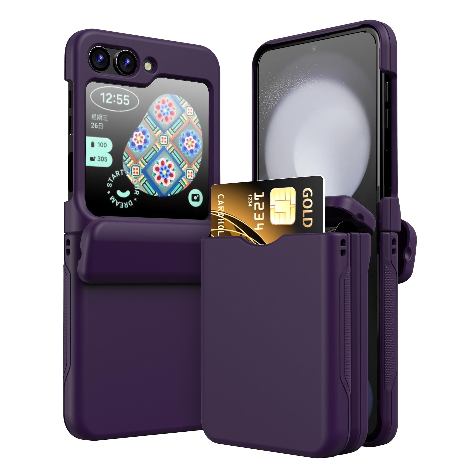 Asuwish Phone Case for Samsung Galaxy Z Flip 5 5G 2023 Wallet Cover with Bulid in Card Slot Full Body Hinge Protective Heavy Duty Shockproof Cell