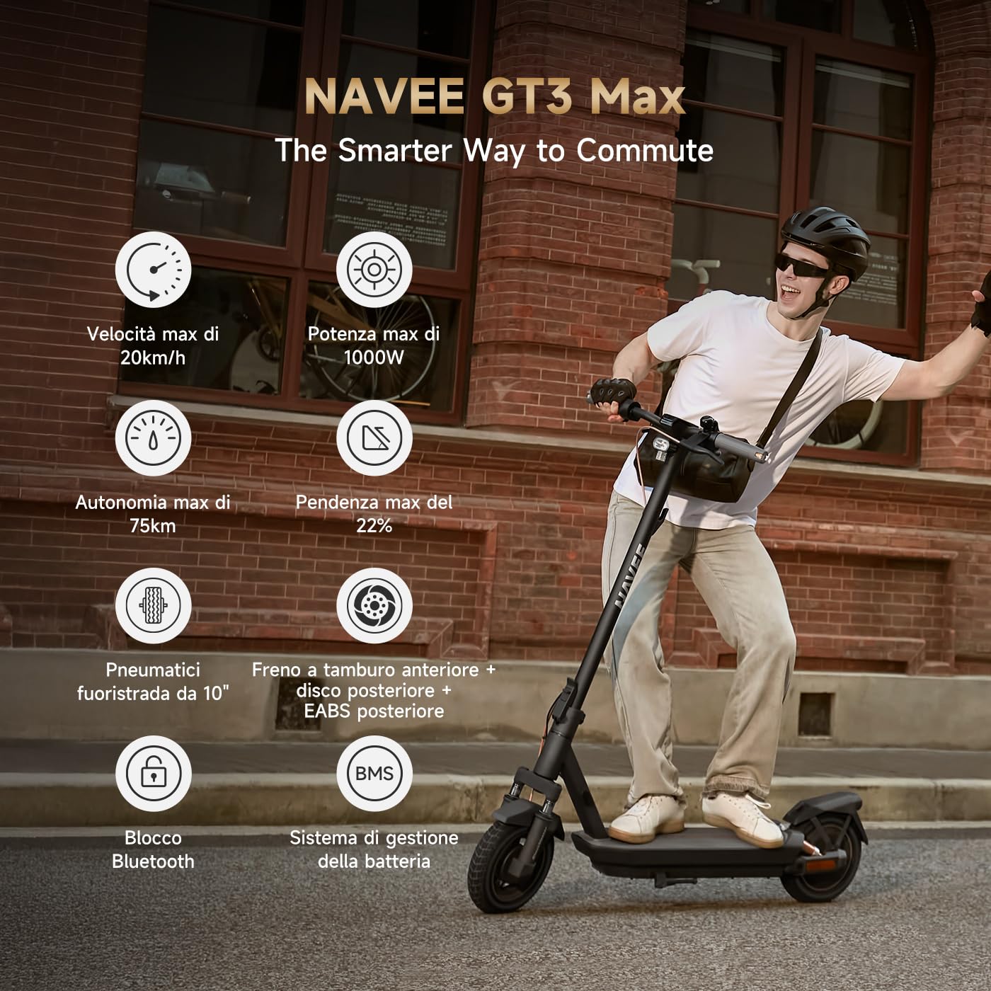 NAVEE Monopattino Elettrico Adulto G Series,motore 1350W/1000W/700W, Autonomia 75-50km, Pneumatici tubeless 10",Sospensioni Quadruple，Blocco Bluetooth, TCS Anti-Scivolo