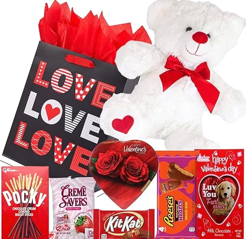 Miniatura 7 de Juego de cestas de regalo para el día de San Valentín, peluche de oso de peluche (rojo o blanco), chocolate con corazón Elmer, barra de chocolate
