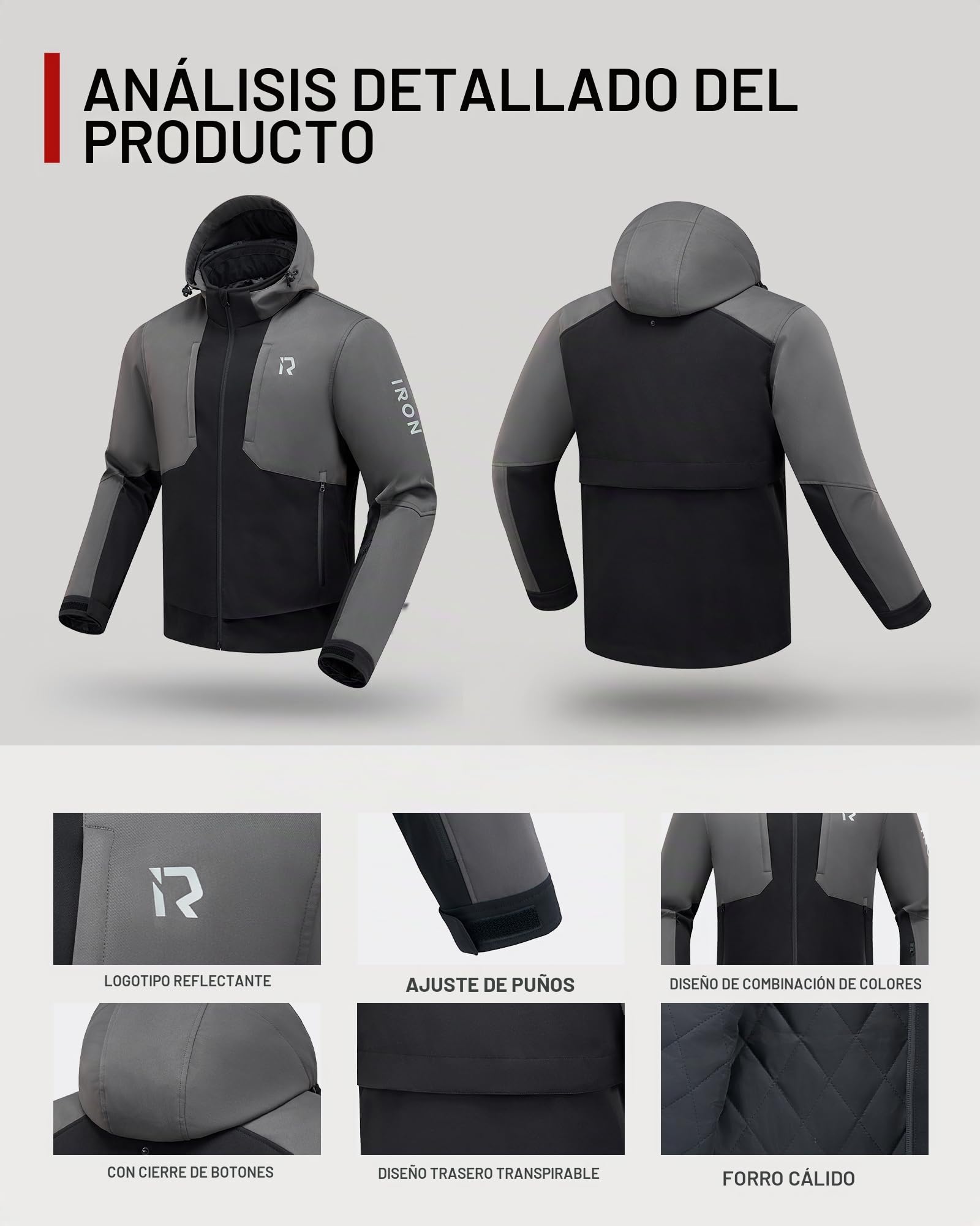 RIDEIRON Chaqueta moto hombre,Chaqueta moto invierno con hombreras y coderas homologadas,equipo de protección,forro extraíble para proteger del frío y el viento en todas las estaciones,Negro