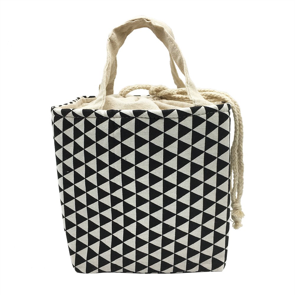 Homele Insulated Lunch Bag Black and White Drawstring Lunch Tote Aluminum Film Pack Cooler Bag Reusable Grocery Bag (Triangles)