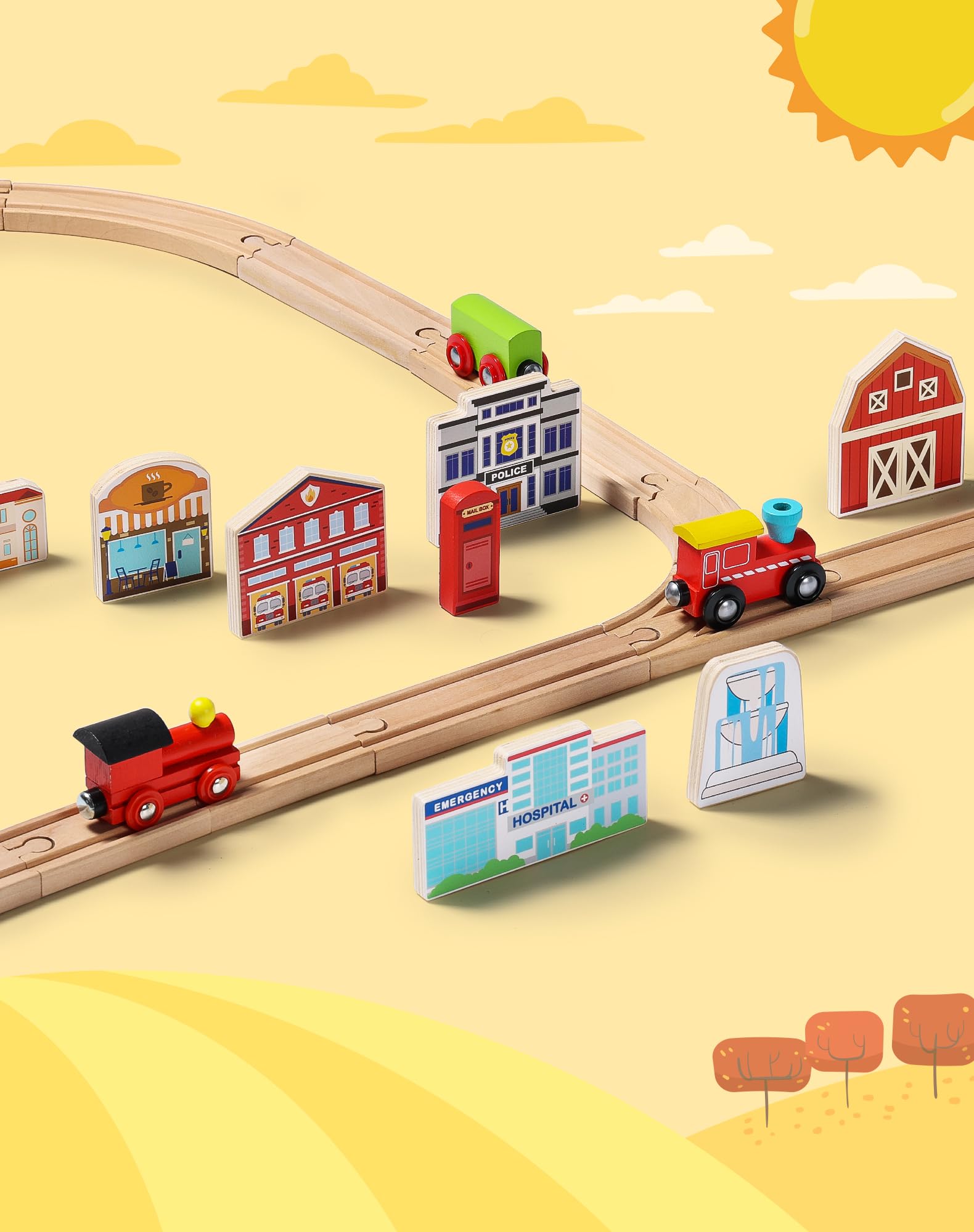 SainSmart Jr. 30 Pcs Wooden Town Play Set, Wooden Train Accessories, Community Helpers Toys for Preschool Learning | Includes Buildings, Traffic Signs and Trees | Gift for Boys and Girls