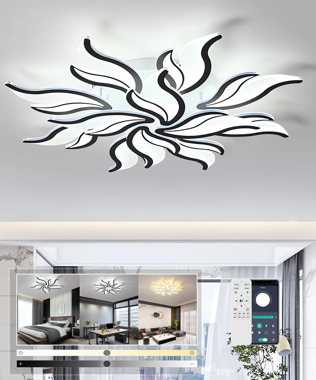 Modern LED Ceiling Light Dimmable Living Room Ceiling Lamp with Remote Control Chandelier 80W 3000K-6500K Flower Shape Ceiling Lights for Bedroom Dining Room Office (Black, 15 Heads)