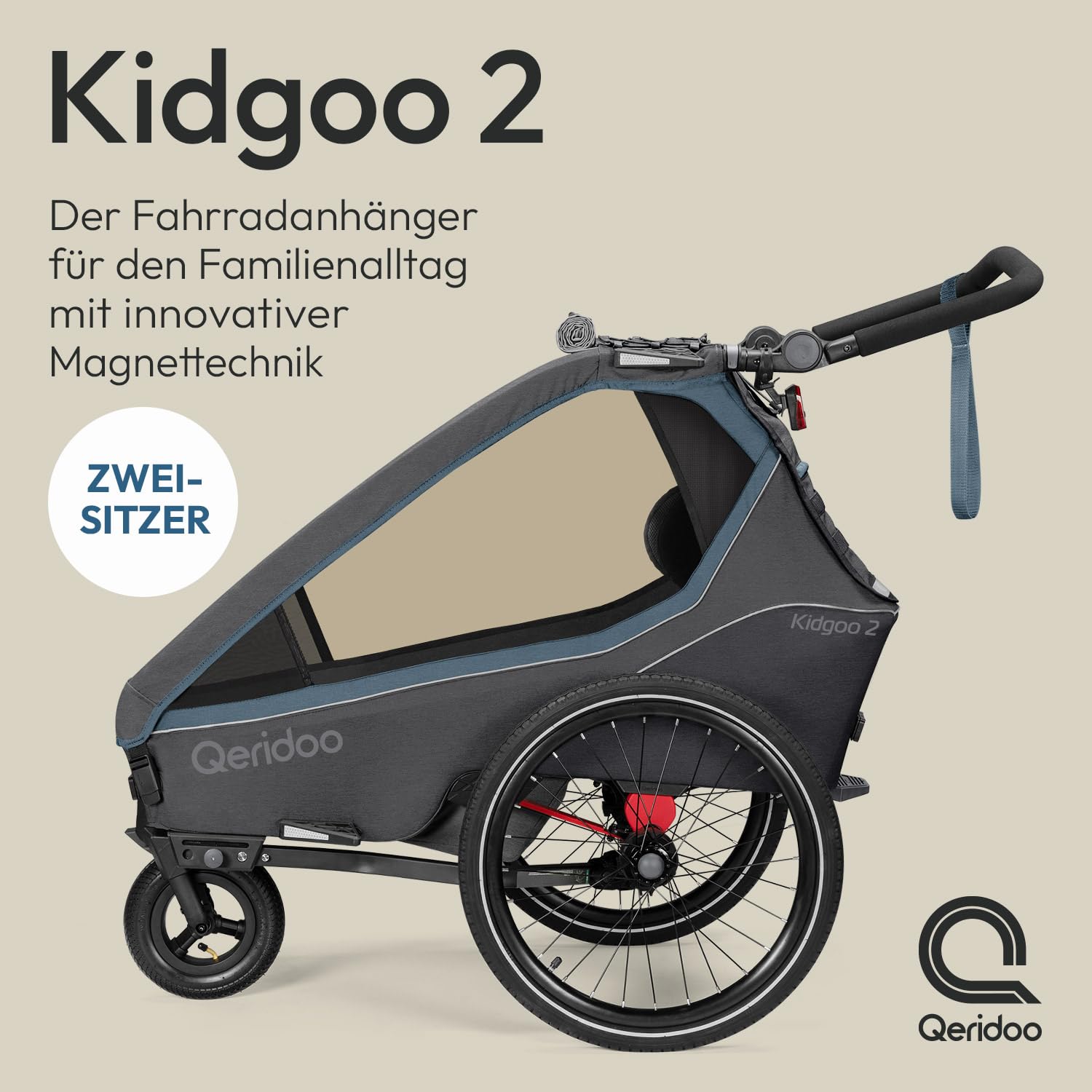 Qeridoo Rimorchio per bicicletta Kidgoo 2 blu navy con sistema di cinture a 5 punti e Easy ARS, pieghevole, con ruota girevole a 360 gradi e protezioni per la testa brevettate, per 2 bambini!