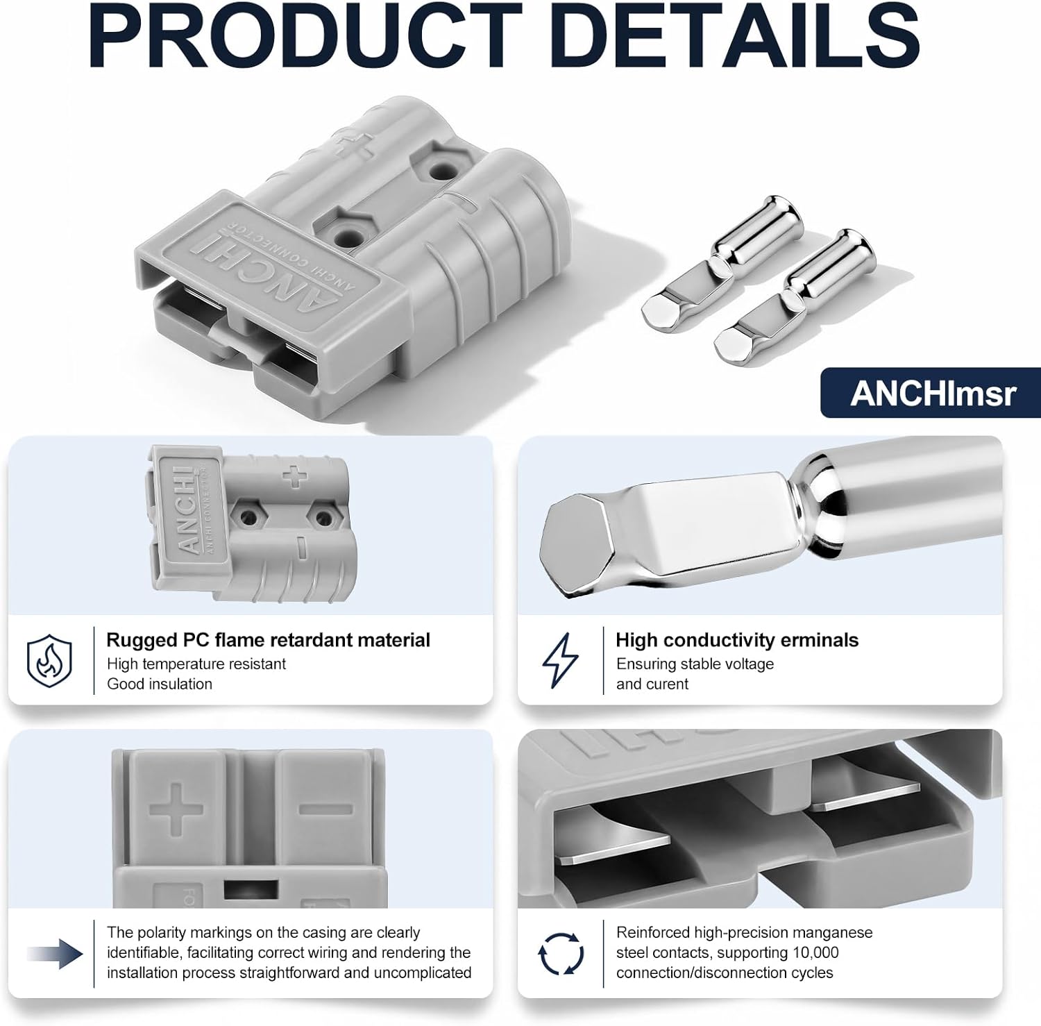 50Amp Power Connector Plug 50A Quick Connect Disconnect 600 V 2 Pairs(4pcs) for 50Amp Battery Connector(6AWG, Grey)