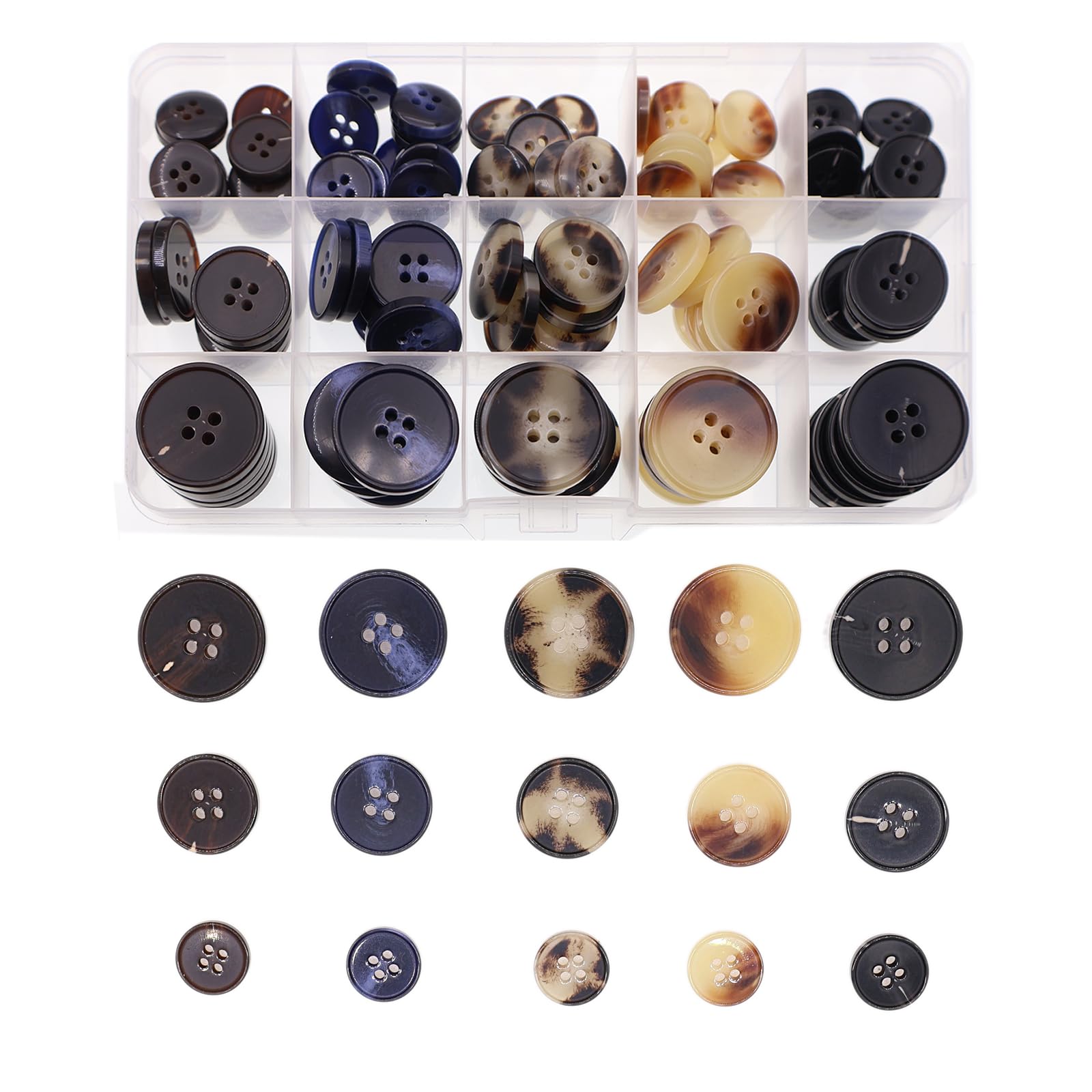 Photo 1 of 110Pcs Mixed Sewing Buttons, 4-Hole Round Bulk Resin Blazer Buttons for Sewing, Craft, Suit, Coats, Clothing, 6 Color 3 Size(15mm,20mm,25mm) Black and Beige YIGUANXIN