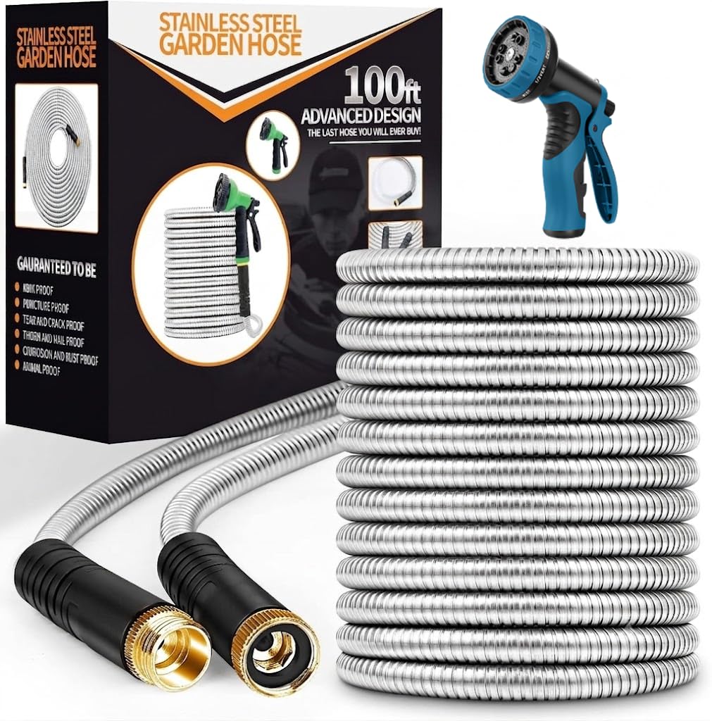 Unywarse Manguera de jardín de 30 m, manguera de agua resistente de acero inoxidable con boquilla de 10 funciones, flexible, ligera, sin torceduras, a prueba de mascotas, manguera de metal a prueba de