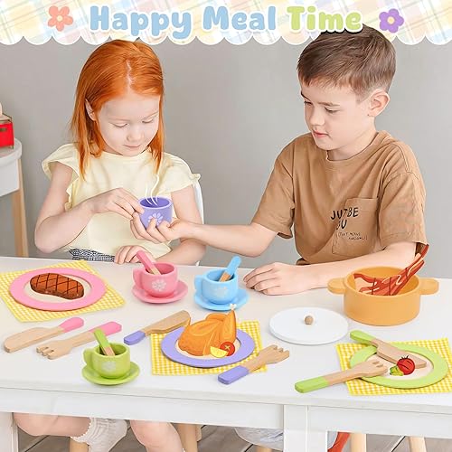 Miniatura 6 de Toyssa Juego de 34 platos de madera y platos de cocina para niños pequeños, accesorios de cocina con sartén y vajilla, juego de cocina Montessori