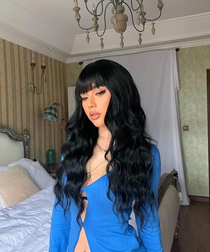 Miniatura 3 de Ebingoo Peluca negra de 30 pulgadas de largo con flequillo para mujeres y niñas + 1 gorra de peluca, peluca larga rizada negra, pelucas sintéticas