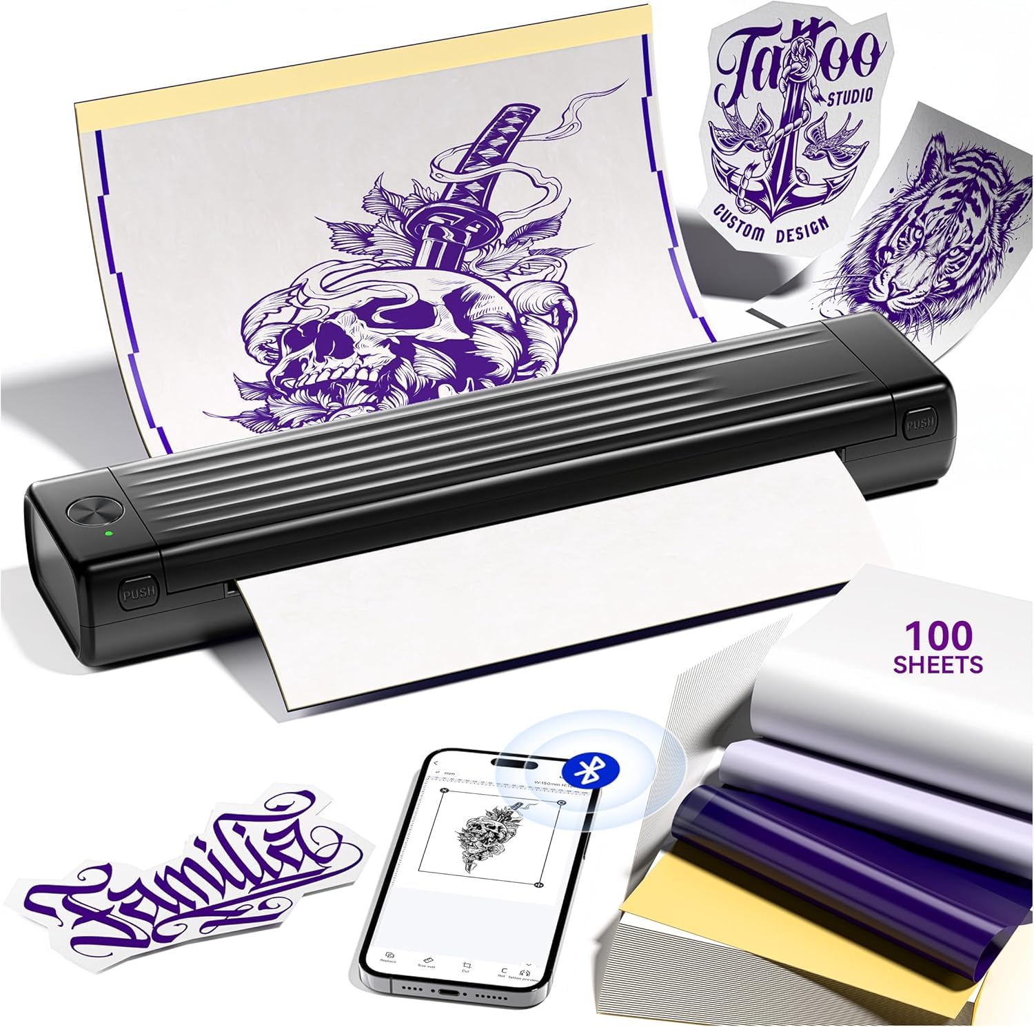 Itari A886 Tattoo Stencil Drucker Bluetooth mit 100 Blätter Papier, Schablone Drucker Übertragungskits für Anfänger und Künstler, Thermodrucker Tattoo Maschine Kompatibel mit Smartphone & PC, Schwarz