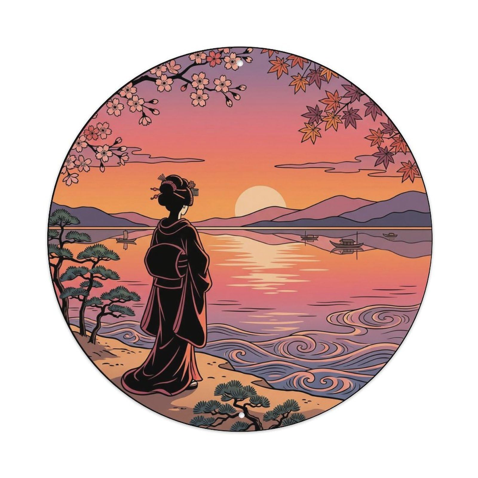 Japanese Geisha Sunset Water Reflection Warm Metal Tin Sign