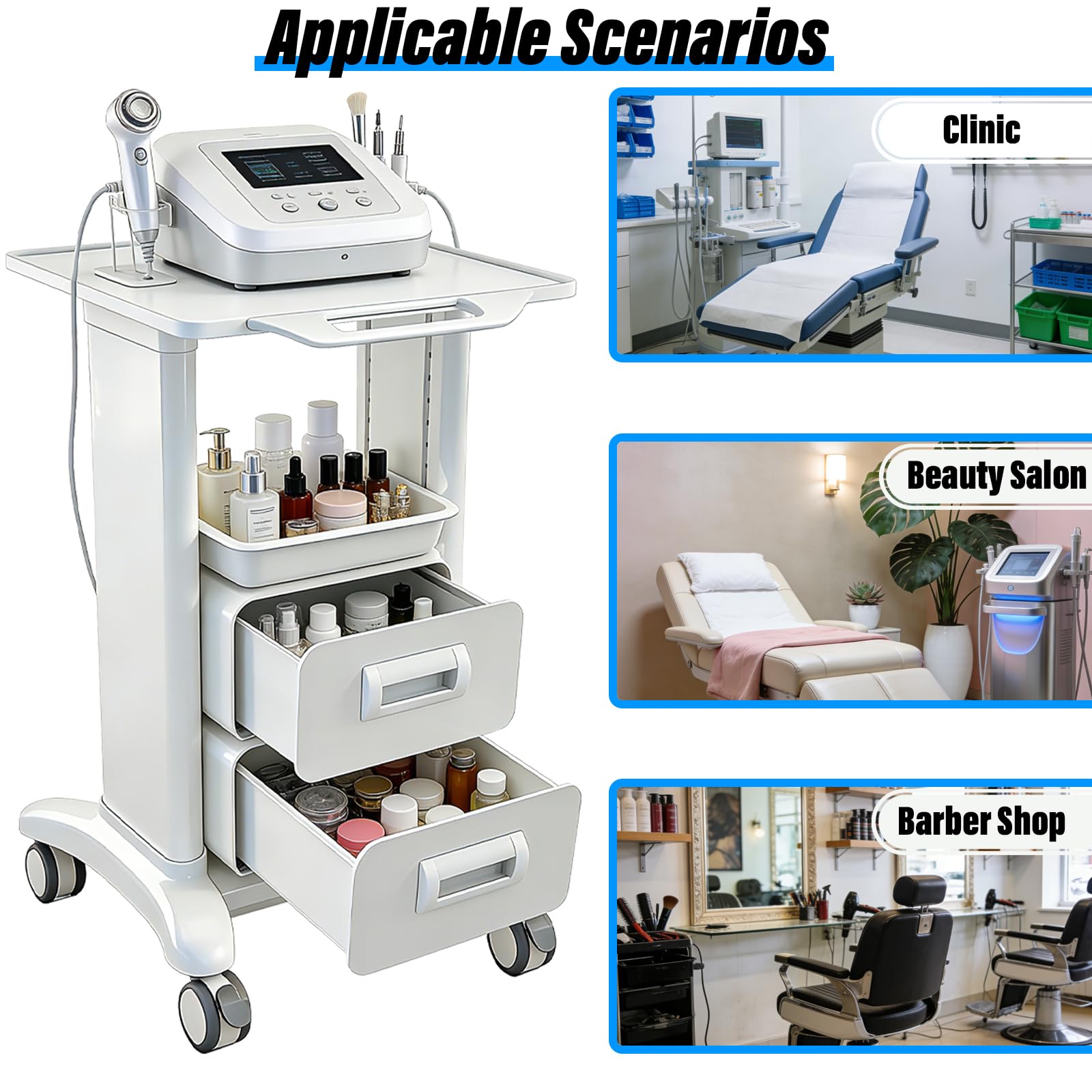 Carrello da Laboratorio a 3 Ripiani Portata 102kg, Carrello Medico con 2 Cassetti, 1 Vassoio e 4 Ruote, Materiale ABS per Clinica, Ospedale e Salone, Bianco (Bianco, doppio cassetto)