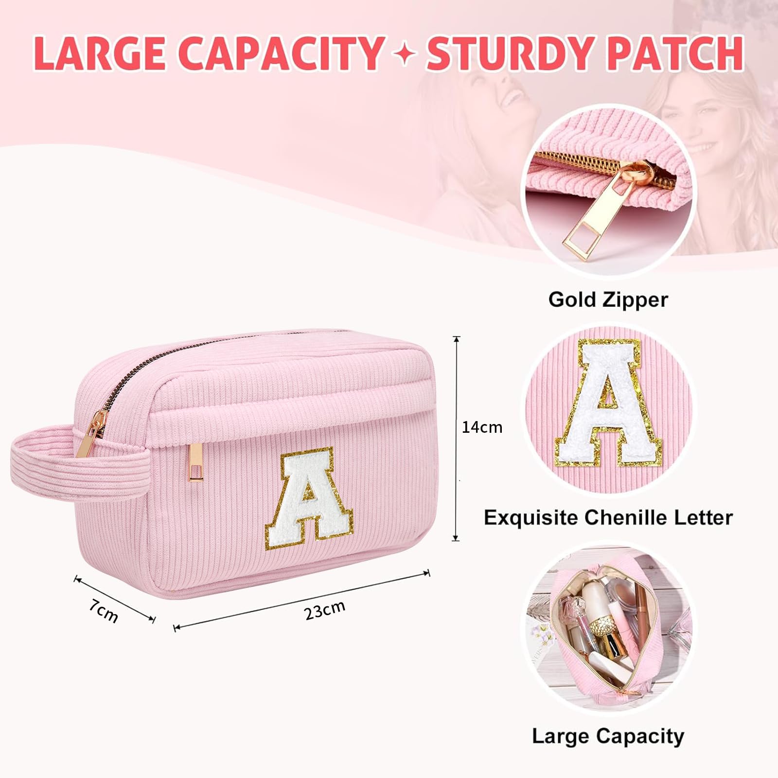 Borsa per cosmetici per donna Personalizzata Iniziale, Pochette Trucchi Viaggio con Tasca Interna, Trousse Trucchi Organizer Cosmetici, Regalo Compleanno Natale Ideale per Donne Ragazze Amic Rosa G
