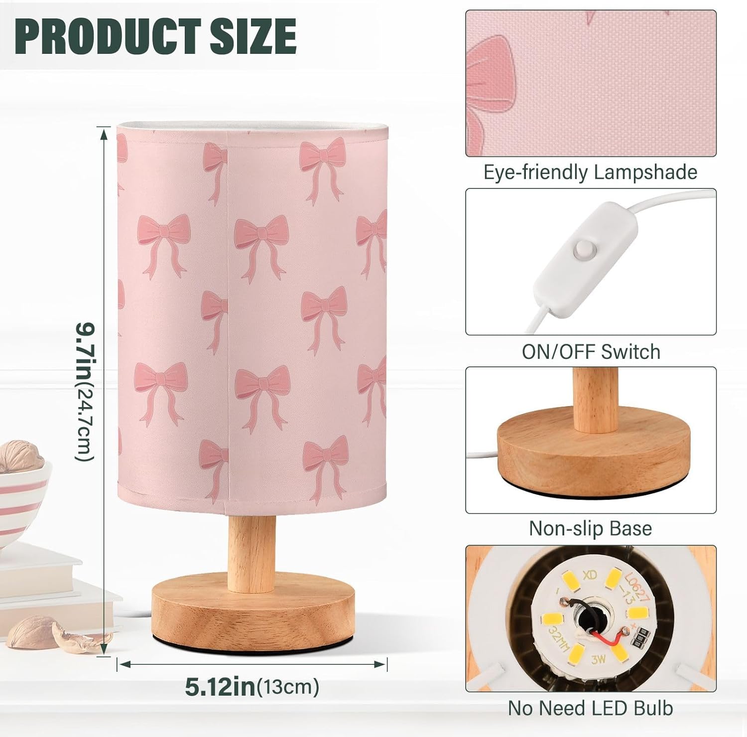 SPRIPORT Pink Bow Pattern Bedside Table Lamp for Bedroom Nightstand Lamp with Wood Base & Round Flaxen Fabric Shade Small Table Lamp for Home Office Dorm Living Room Working Reading