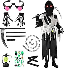 KIMIGO Reaper Costume for Children, Halloween Reaper Costume, 8 x Death Costumes Accessories and Props, 130-140 cm Unisex, for Carnival Scary Cosplay