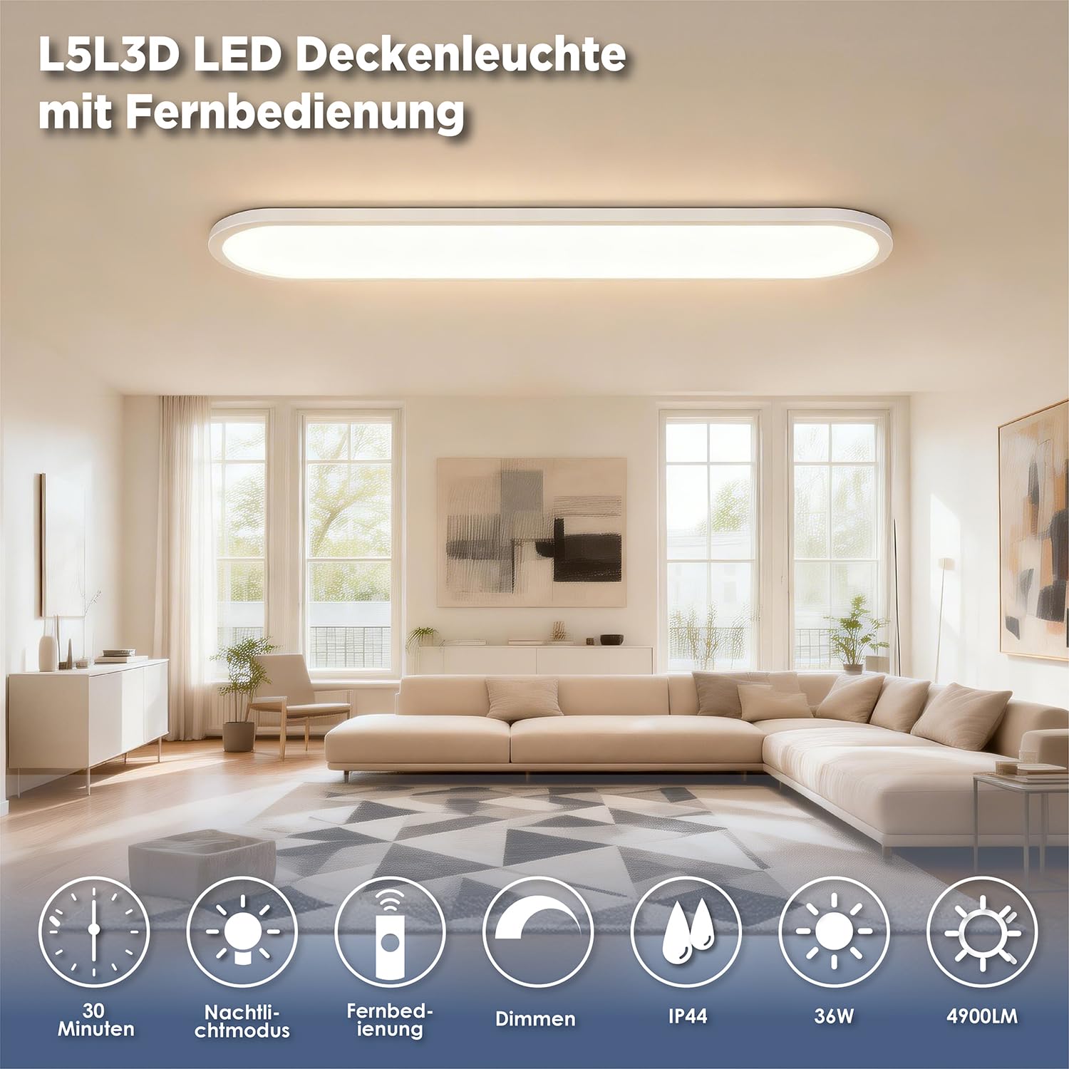 LED Deckenleuchte mit Fernbedienung 36W Dimmbar 2700K-6500K 4900lm IP44 Wasserfest Speicherfunktion Nachtlicht für Wohnzimmer Schlafzimmer Küche Badezimmer Flur 80x20cm Oval Weiß