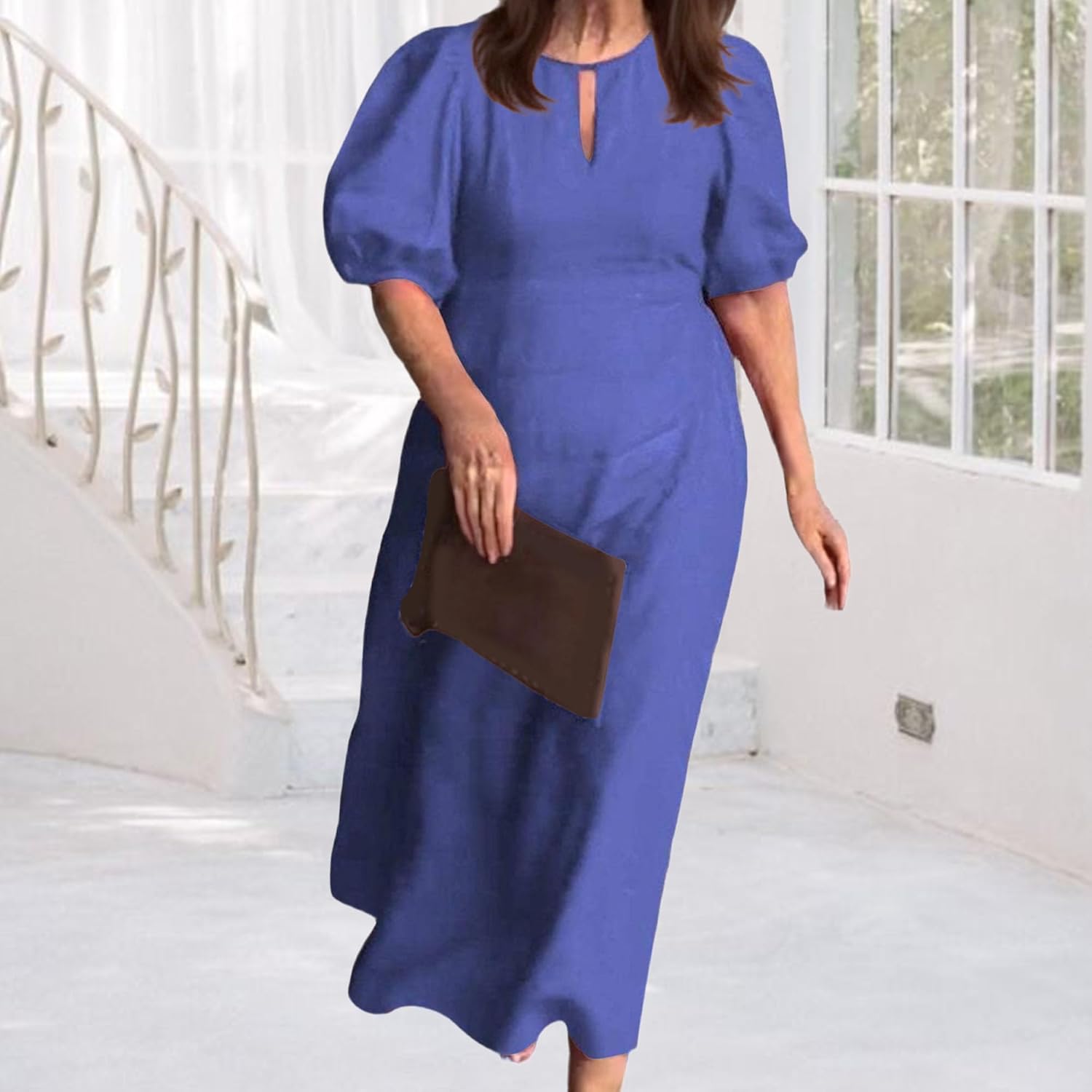 Women's Short Sleeve Maxi Dress Flowy Crew Neck Button Solid Lightweight Dresses Summer 2026
