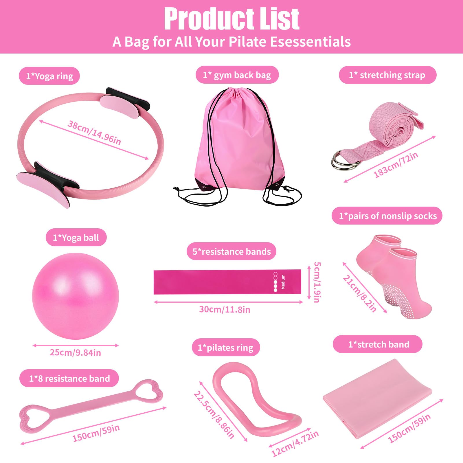 Pilates Set, 13 Teiliges Pilates Essential Kit für Frauen, Pilates Zubehör Set mit Pilates Ring, Yoga Ball, Fitnessbänder, Grip Socken, Pilates Set für Zuhause Bauch Beine Po Studio-Workout