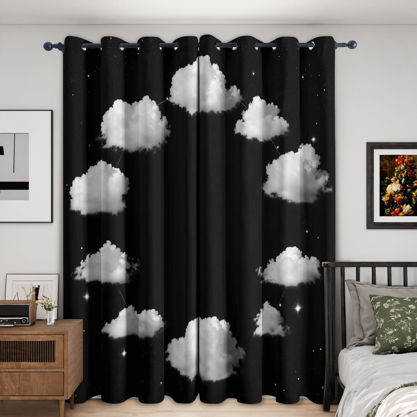 Rideau Occultant Nuages Étoiles, 140x240 (L x H) | Motif Ciel Nocturne Galaxie, Lot de 2 Rideaux Thermiques à Oeillets, Decoration Salon Chambre