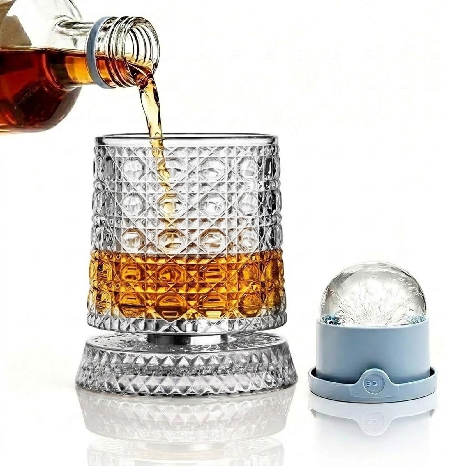 Bezvill Rotating Whiskey Glass with Large Ice Ball Mold, Single Spinning Crystal Bourbon & Old Fashioned Tumbler, 360° Kinetic Glassware for Home Bar, Unique Gifts for Men, Dad