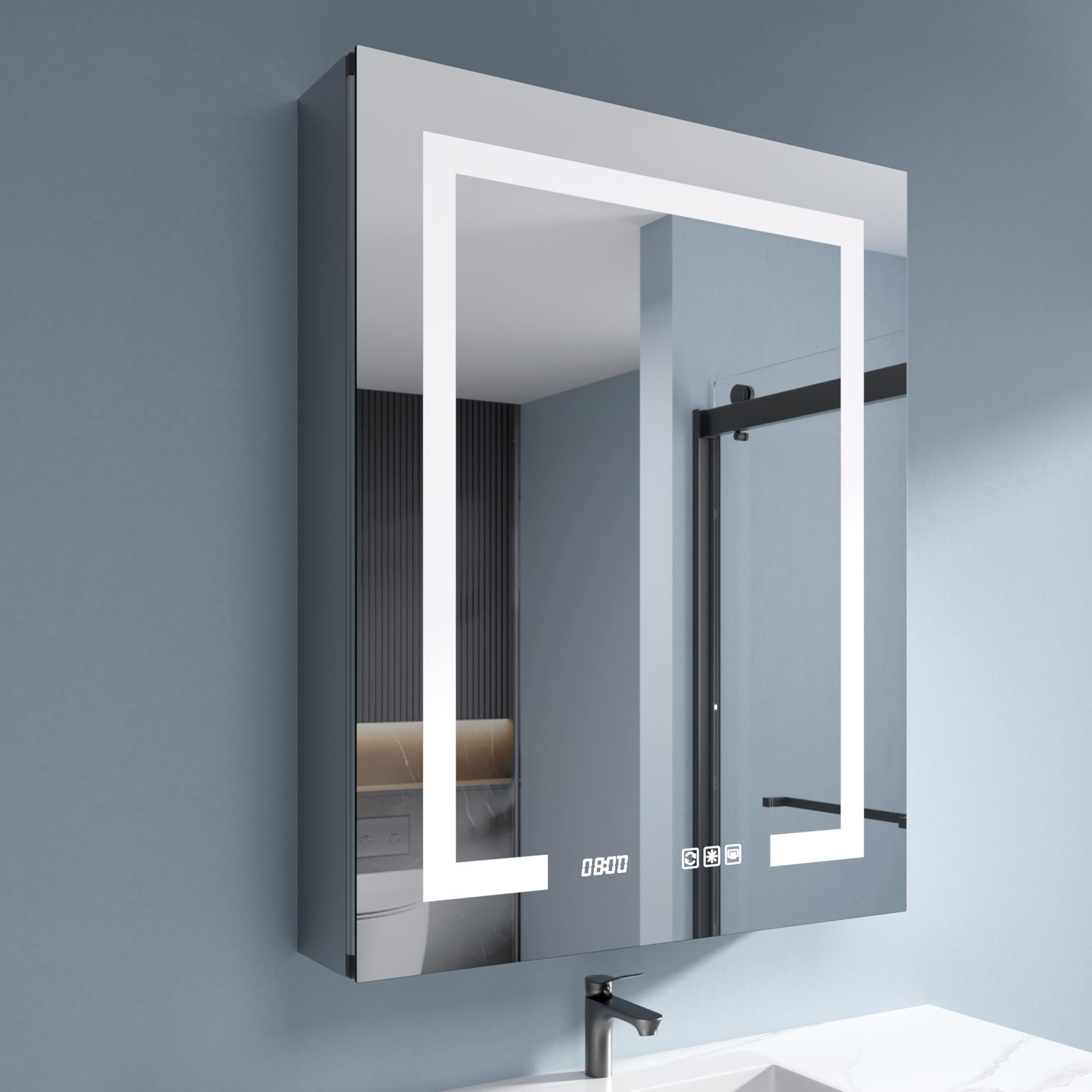 led medicine cabinet mirror, 24x30 inch bathroom storage, recessed/wall mount, plug-in/hardwired, 3 color dimmable light, anti-fog, time temp display, left hinge