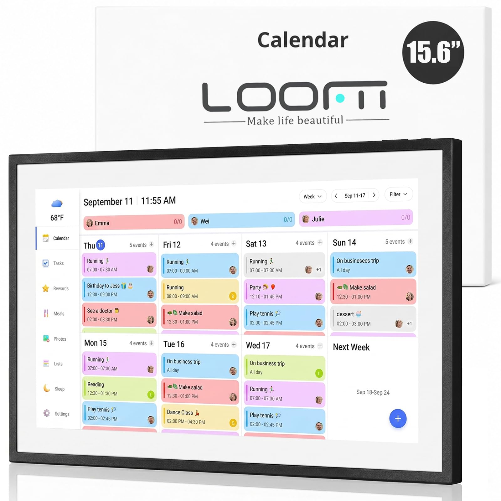 LOOFII 15.6 Inch Smart Digital Calendar – 1920×1080 Full HD Touchscreen Calendar &amp; Family Planner with Chore Chart &amp; Meal Planner, Wall-Mountable (Black White)