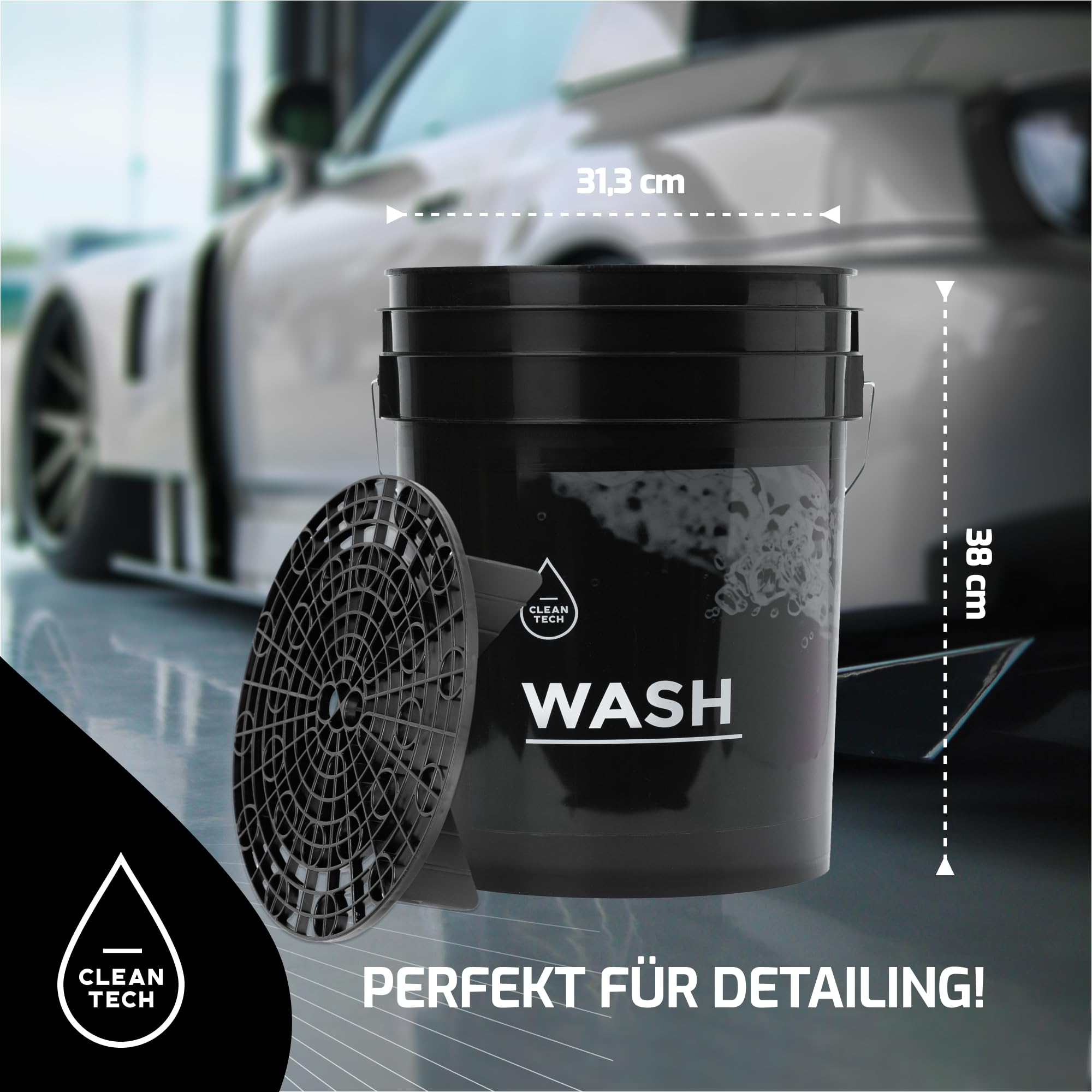 Cleantech - Set di lavaggio per auto, secchio da 20 litri, con filtro antisporco + guanto da lavaggio, perfetto per una pulizia efficace e delicata sulla vernice