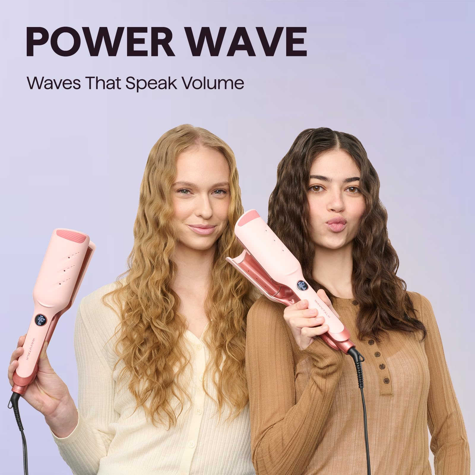 Wavytalk Power Wave Planchas del Pelo, Rizador Pelo Ondas para Ondas Grandes, Con Protección Iónica y Ventilación para Menos Daños por Calor, Rizador Pelo Fácil de Usar, Doble Voltaje, Rosa